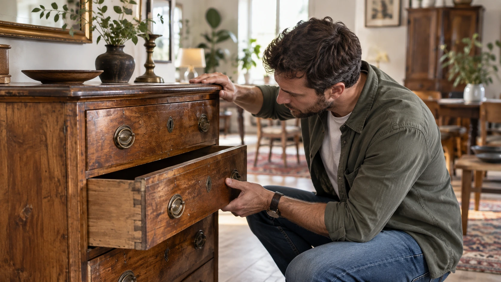 Living amenajat cu piese de mobilier second hand combinate cu obiecte moderne
