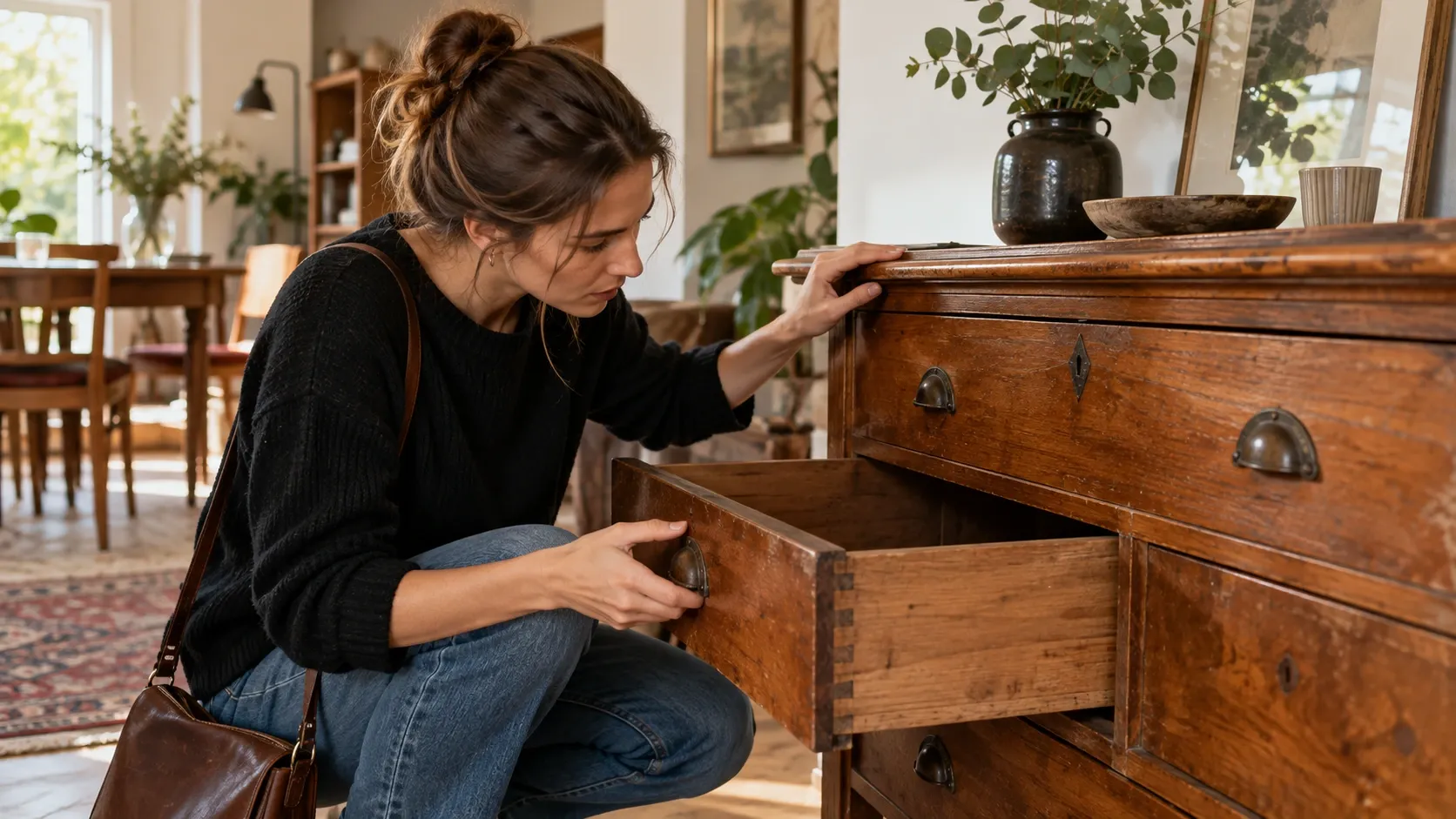 Persoană care verifică un obiect de mobilier second hand înainte de cumpărare